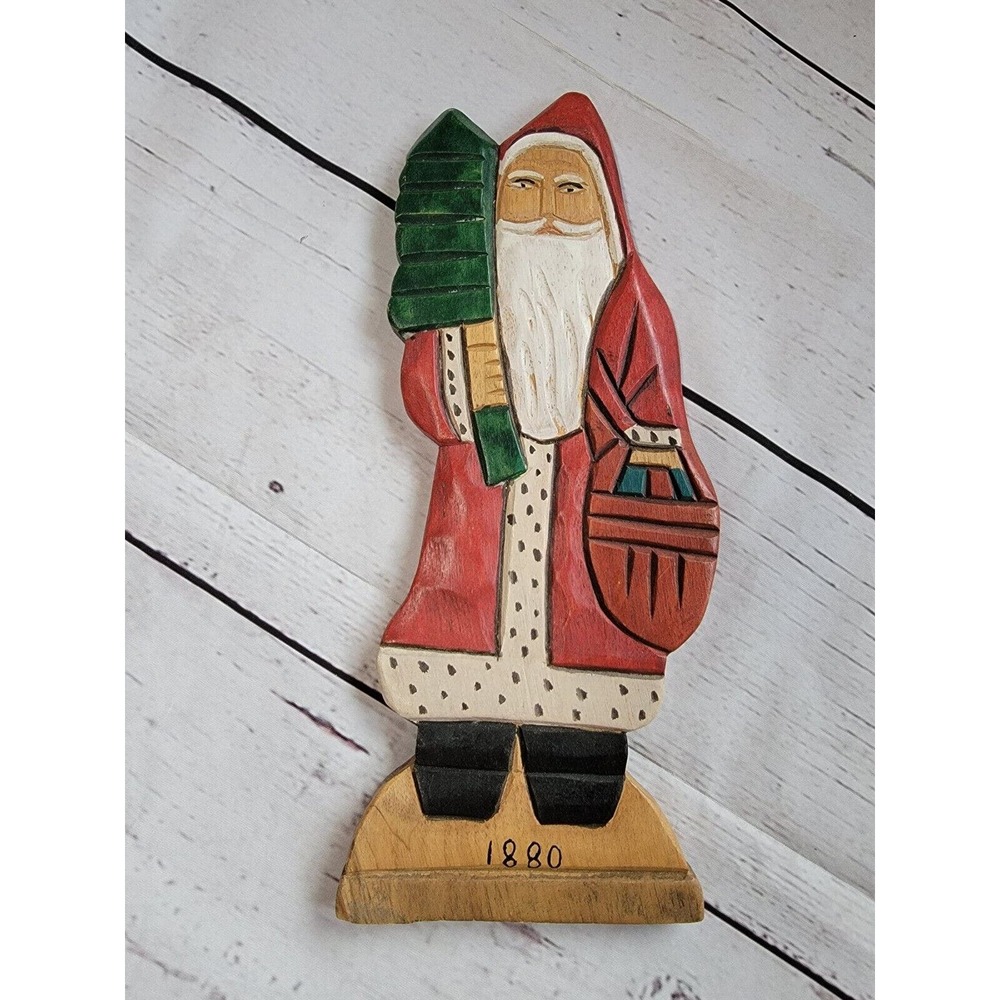 Vintage Folk Art Santa's Figure Carved Wood Wooden Painted Holding a Tree 1880